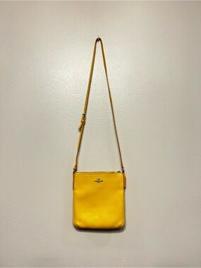 Coach Bright Yellow Leather Slim Crossbody Pouch‎ Silver Tone Details